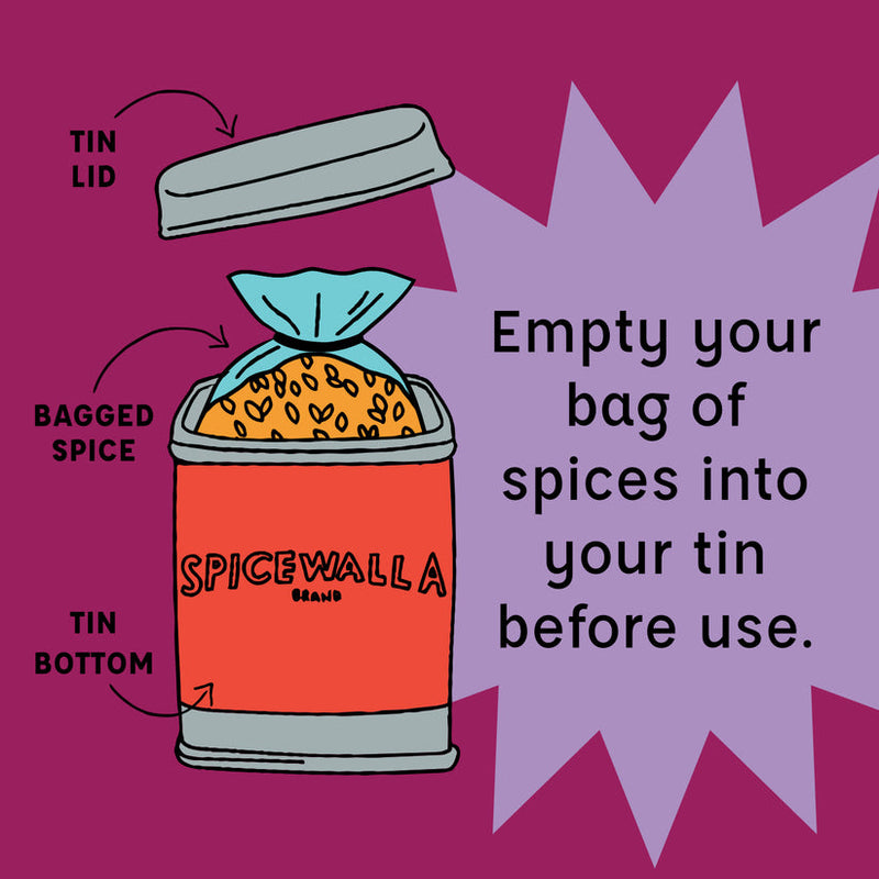 Spicewalla | Chai Spiced Golden Milk tin illustration, showing spice transfer from bag to tin, emphasizing preparation instructions for this unique beverage blend.