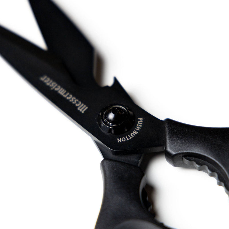 Messermeister Push Button Take-Apart Multi Shears, 9 inches, featuring ergonomic handle, titanium-coated blade, and push-button pivot for easy cleaning, ideal for versatile kitchen tasks.