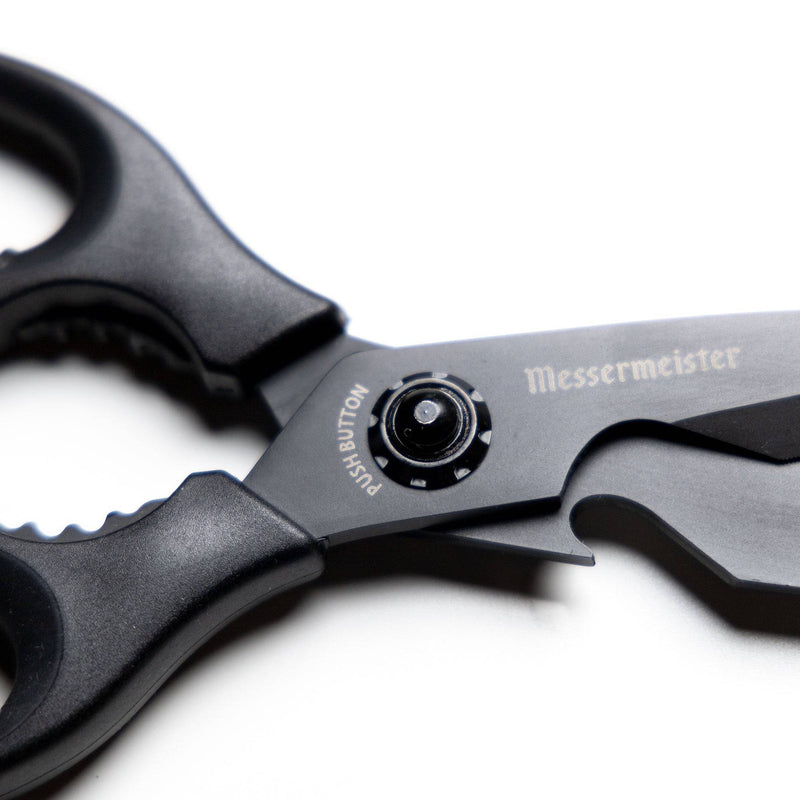 Messermeister Push Button Take-Apart Multi Shears, 9 inches, featuring titanium-coated blades, serrated grips, and a central pivot, ideal for versatile kitchen tasks.