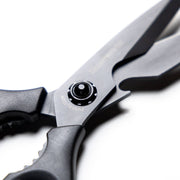 Messermeister Push Button Take-Apart Multi Shears, 9 inches, with titanium-coated blades and black molded handles, showcased against a white background.