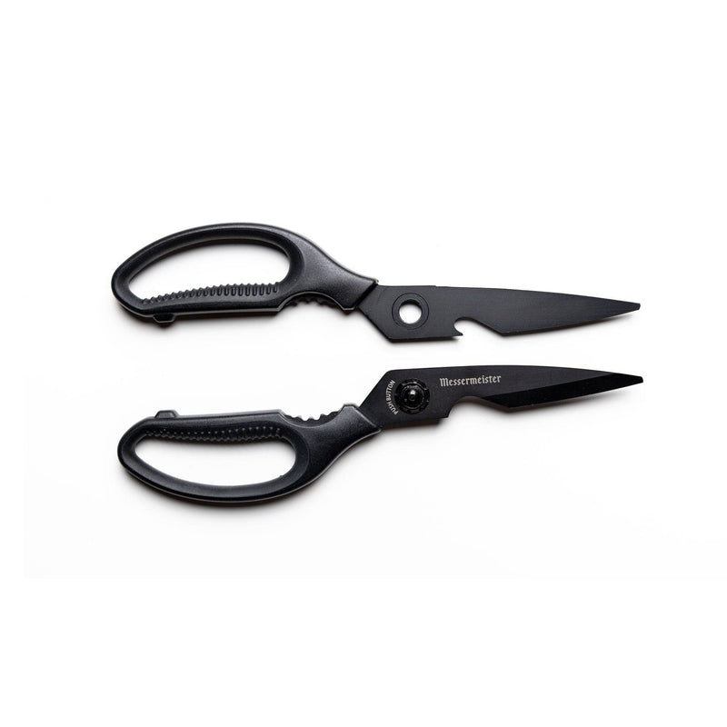 Messermeister Push Button Take-Apart Multi Shears, 9 inches, shown separated, featuring titanium-coated blades, finger-loop handles, and a hooked notch for versatile kitchen tasks.