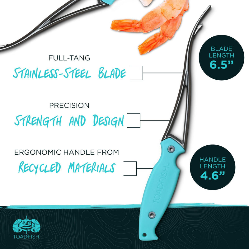 Toadfish Shrimp Cleaner - a versatile kitchen tool for peeling, deveining, and butterflying shrimp effortlessly, showcased up-close.