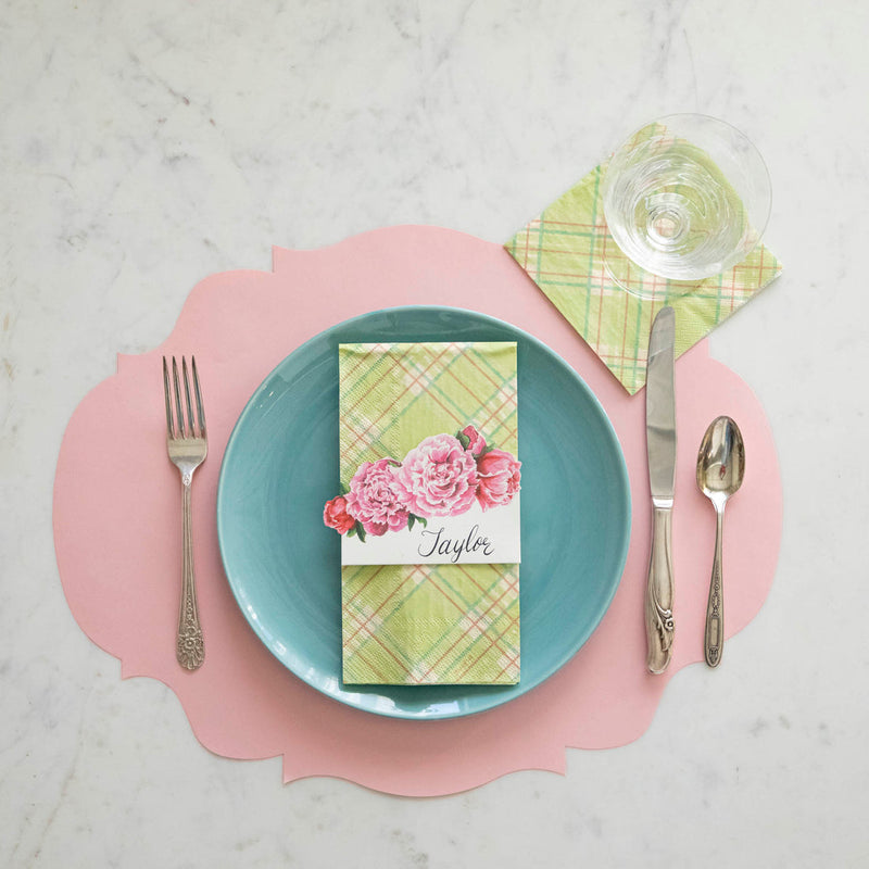 Hester & Cook Green Plaid Guest Napkins featured in an elegant kitchen setting, ideal for enhancing table decor with a touch of sophistication.