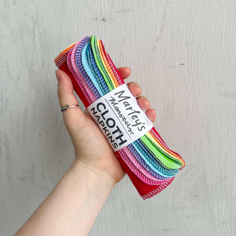 Marley's Monsters Small Cloth Napkins - Earthy Rainbow, 12-count, 100% cotton flannel, durable single ply, perfect for sustainable dining and lunchbox use.