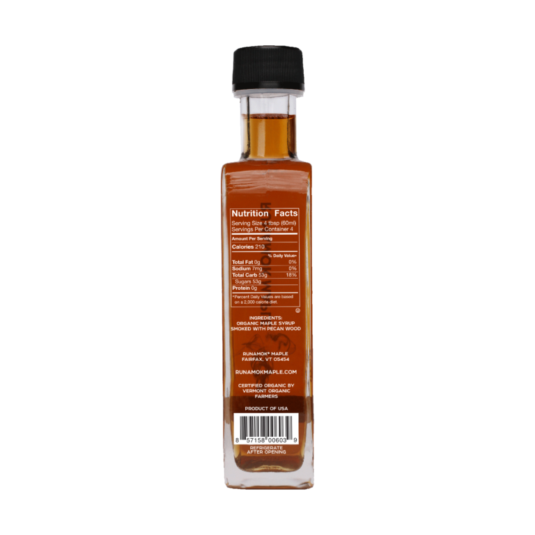 Runamok Maple Syrups - Smoked with Pecan Wood bottle, showcasing nutrition label; perfect for enhancing waffles, coffee, or ice cream with rich, smoky maple flavors.