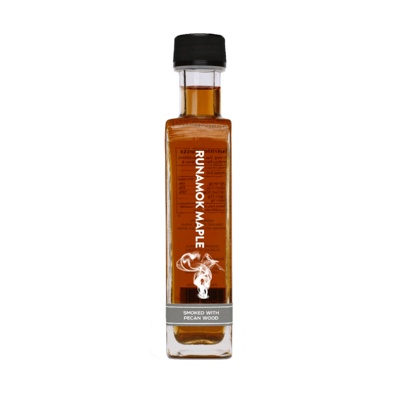 Runamok Maple Syrups - Smoked with Pecan Wood in a bottle with black cap, ideal for enhancing waffles, pancakes, or coffee with its rich, smoky flavor.