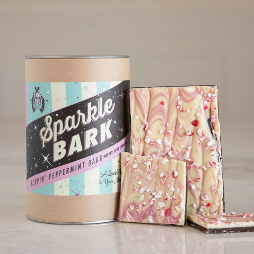 Hester & Cook | Sparkle Bark - 8 oz. features dark and pink-swirled chocolate peppermint bark, topped with crushed candy cane pieces, highlighting its artisanal, all-natural ingredients.