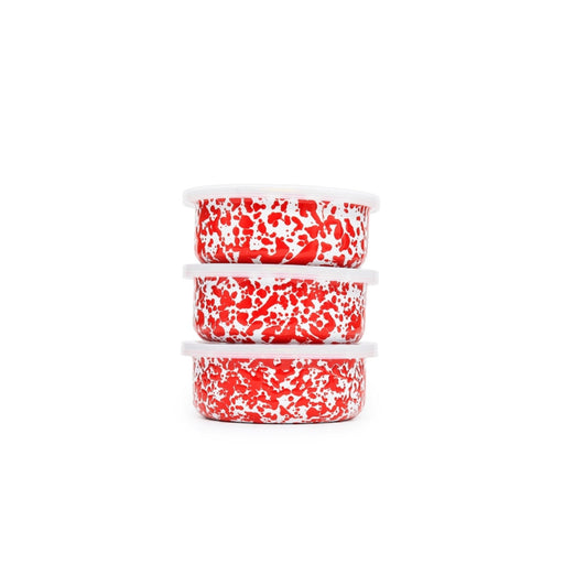 Crow Canyon Home | Splatter Enamelware 3-pc Storage Bowl Set - Red Splatter, ideal for vibrant entertaining, featuring stackable enamel bowls perfect for any gathering.