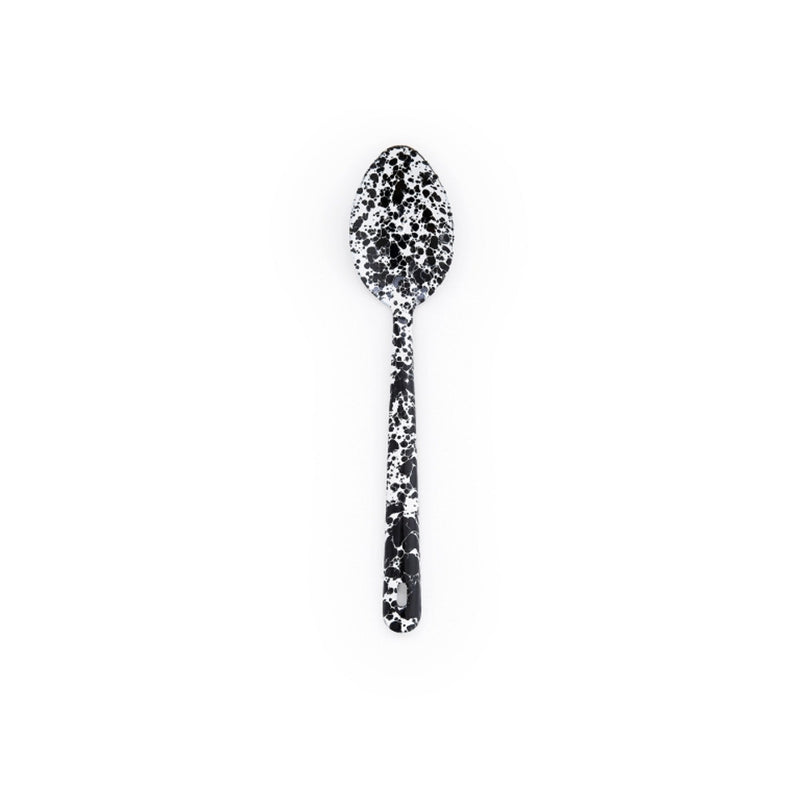 Crow Canyon Home | Splatter Enamelware Large Serving Spoon - Black Splatter, features a unique speckled design, perfect for enhancing both everyday cooking and special occasions.