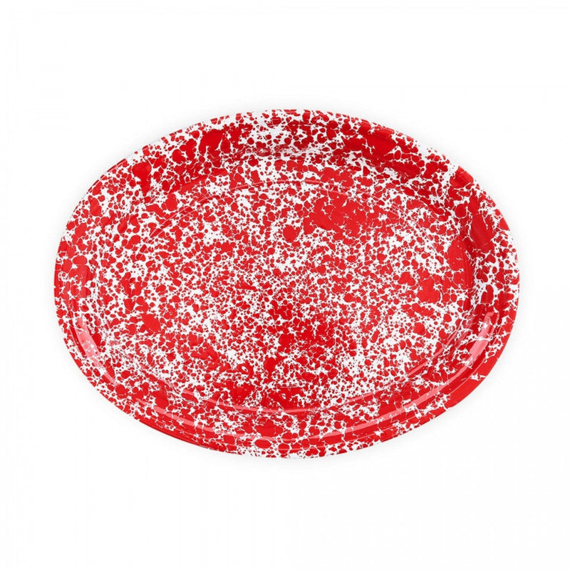 Crow Canyon Home | Splatter Enamelware Oval Platter - Red Splatter, ideal for versatile serveware needs with a secure rimmed edge for stylish dining.