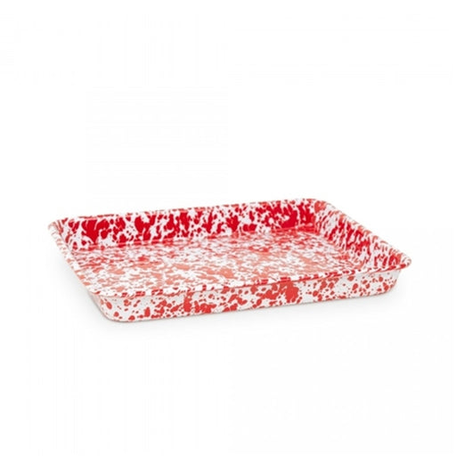Crow Canyon Home | Splatter Enamelware Small Rectangular Tray - Red, perfect for baking or organizing, shown in a speckled design with a matching box.