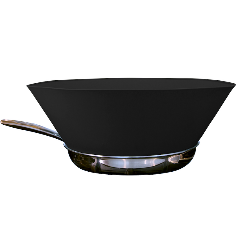 Frywall Splatter Guard - 13 Black, a sleek kitchen tool designed to prevent splatters while cooking, ideal for maintaining a clean stovetop.