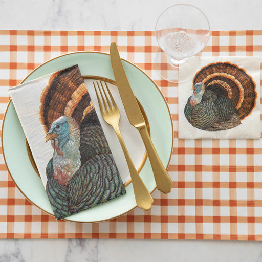 Hester & Cook | Heritage Turkey Collection - Place Card set on a Thanksgiving table with a mint-green plate, gold cutlery, and turkey-illustrated napkins.