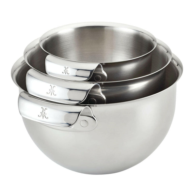 Hestan Provisions | 7QT Stainless Steel Mixing Bowl, stacked in a set, showcasing flared rims and ergonomic handles for efficient mixing and storage.
