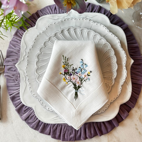 Arte Italica & Crown Linen Designs | Round Ruffle Velvet Placemat, Cream