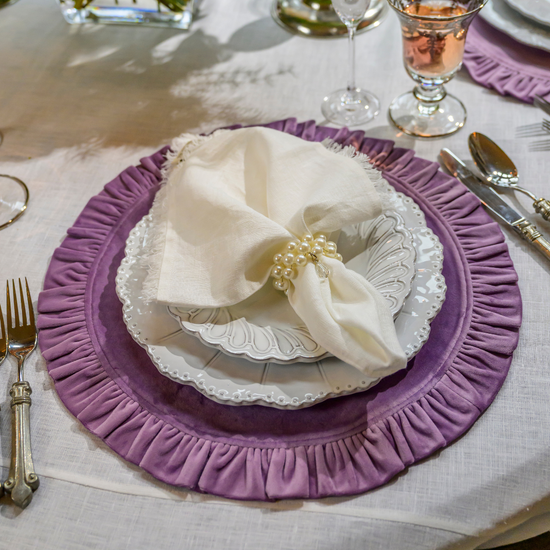 Arte Italica & Crown Linen Designs | Round Ruffle Velvet Placemat, French Blue
