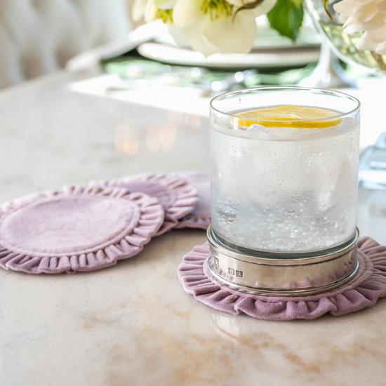 Arte Italica & Crown Linen Designs | Round Ruffle Coaster Set (4), Velvet Red