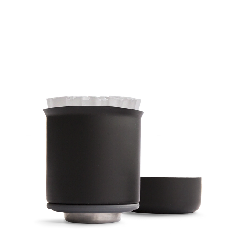 FELLOW | Stagg Pour-Over XF matte-black dripper with flat-bottom design and paper filter, showcasing stability and precision for optimal coffee brewing.
