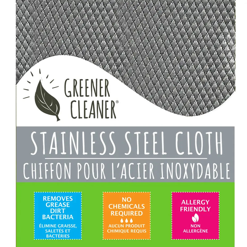 Greener Cleaner | Stainless Steel Cleaning Cloth package, showcasing its woven-metal texture and features: removes grease, dirt, bacteria with water; no chemicals needed; allergy-friendly.