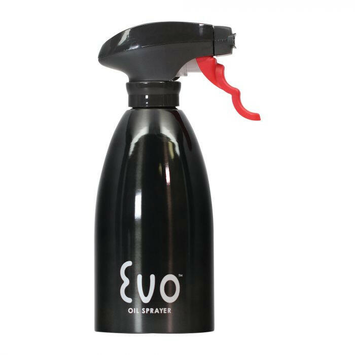 Evo Stainless Steel Oil Sprayer with ergonomic red trigger for precise oil distribution, ideal for healthier cooking.