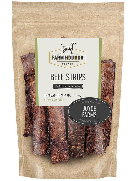 Farm Hounds | Strips Dog Treats - Beef package, showcasing nutrient-dense treats ideal for training, with natural ingredients including muscle meat and organs, perfect for rewarding dogs.