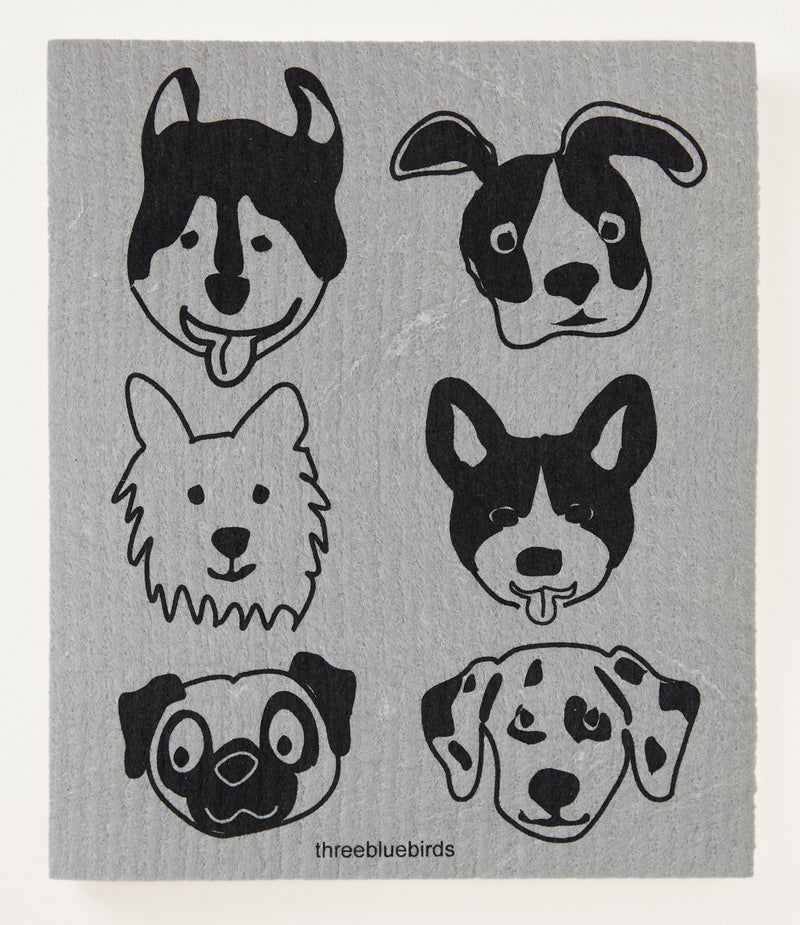Three Bluebirds Swedish Dishcloth - Bow Wow on Grey, featuring a whimsical dog illustration, combining sustainability and style for effective, eco-friendly dishwashing.