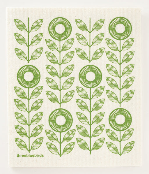 Three Bluebirds Swedish Dishcloths features a green sunflower motif, highlighting its eco-friendly, super absorbent design, ideal for sustainable kitchen use from Athens Cooks.