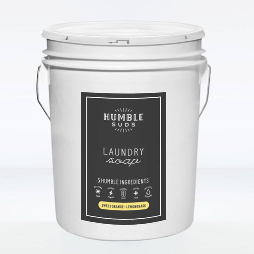 Humble Suds - Bulk Receive Laundry Soap - 5 Gallon Bucket, featuring sweet orange and lemongrass, offers eco-friendly, concentrated laundry solutions in a large, refillable container.