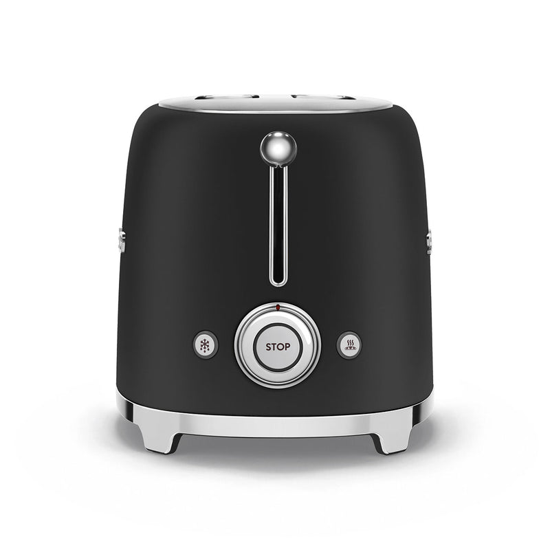 Smeg | 2 Slice Toaster - Black with chrome trim, featuring lever, defrost, reheat, and STOP buttons. Ideal for compact spaces, offers versatile toasting with six levels.