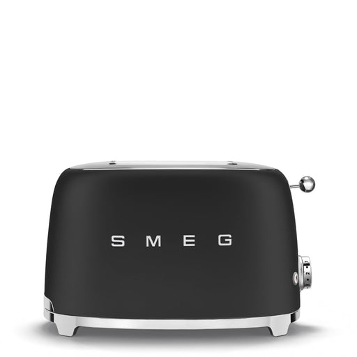 Smeg | 2 Slice Toaster - Black with retro-modern design, chrome accents, featuring browning control, pop-up function, and crumb tray for easy cleaning.