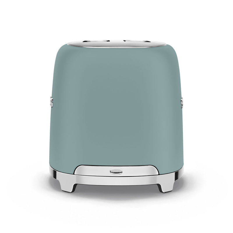 Smeg | 2 Slice Toaster - Jade with polished chrome accents, featuring two extra-wide slots, reheat, defrost, and bagel functions, plus a removable crumb tray.