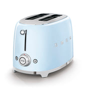 Smeg | Toaster - Pastel Blue: Retro-style two-slice toaster with chrome trim, wide slots, front control knob, and extra functions for reheat, defrost, and bagels.