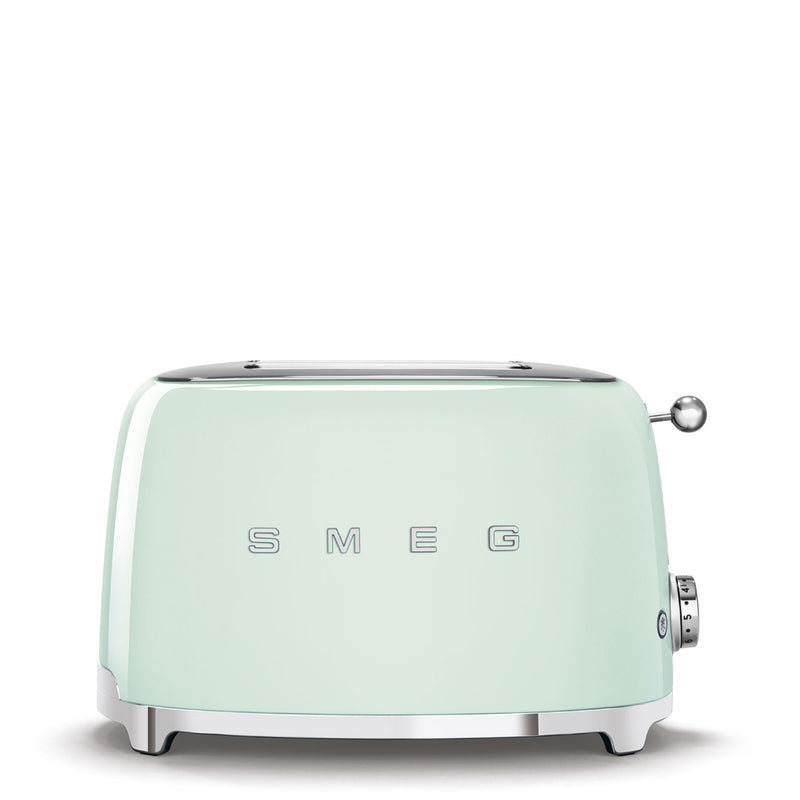 Smeg | Toaster - Pastel Green with retro design, chrome accents, two-slice capacity. Features include a browning-control dial, lever, and multiple toasting functions for versatile use.