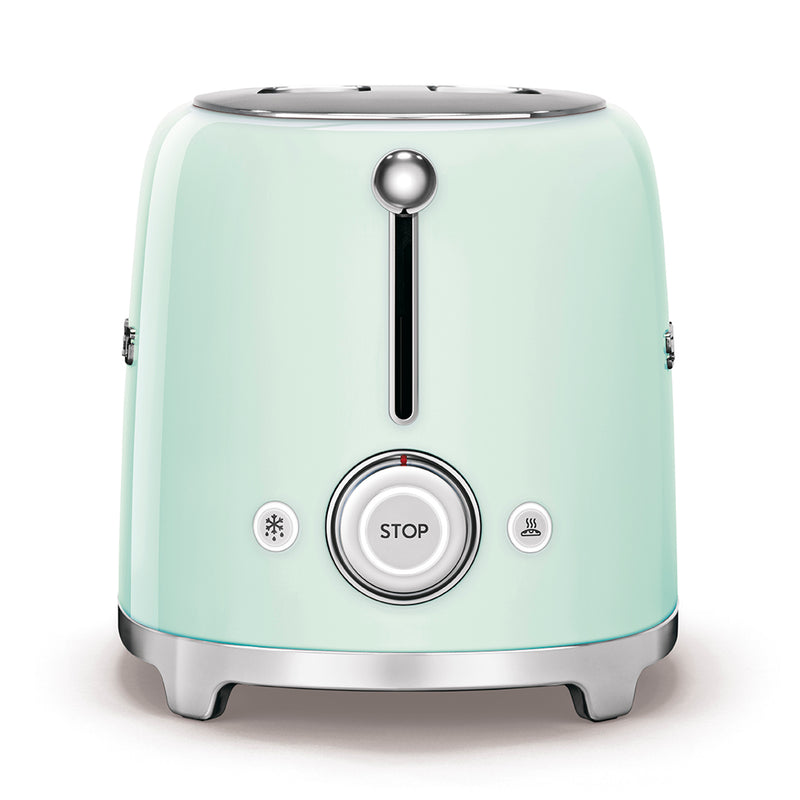 Smeg | Toaster - Pastel Green, two-slot with six toasting levels, defrost, reheat, and bagel functions; features polished metal accents and crumb tray for easy cleaning.