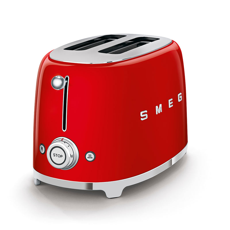 Smeg | Toaster - Red: Retro-style two-slice toaster with chrome accents, side lever, central STOP dial for browning, plus defrost and reheat functions.