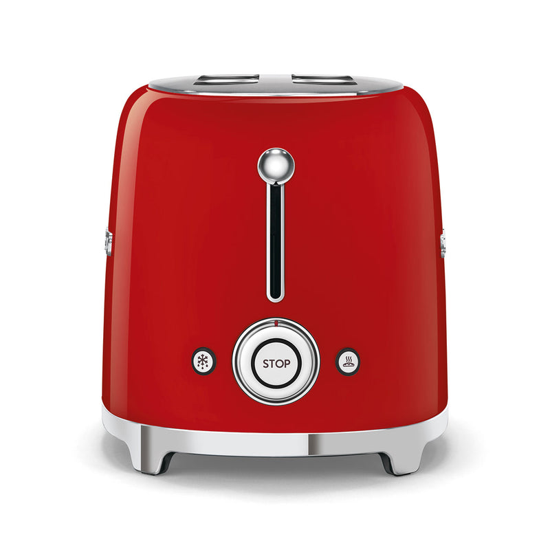 Smeg | Toaster - Red with two slots, STOP button, defrost, and reheat functions, ideal for modern kitchens. Featured at Athens Cooks, known for quality kitchen appliances.