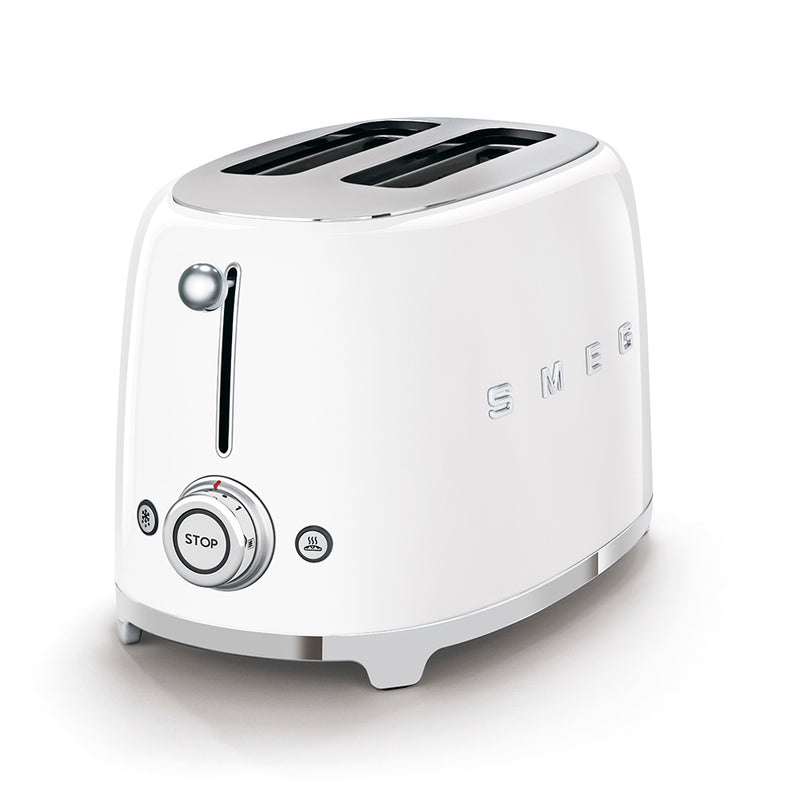Smeg | Toaster - White: Retro-style, two-slice toaster with polished chrome accents, wide slots, and a dial for reheat, defrost, and bagel functions.