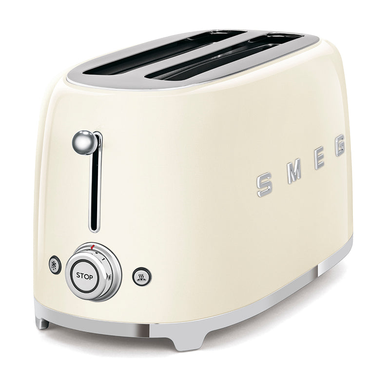 Smeg | 50's Retro Style Aesthetic 4 Slice Toaster Cream China with wide slots, lever, central dial, and function buttons for reheat, defrost, and bagel functions.