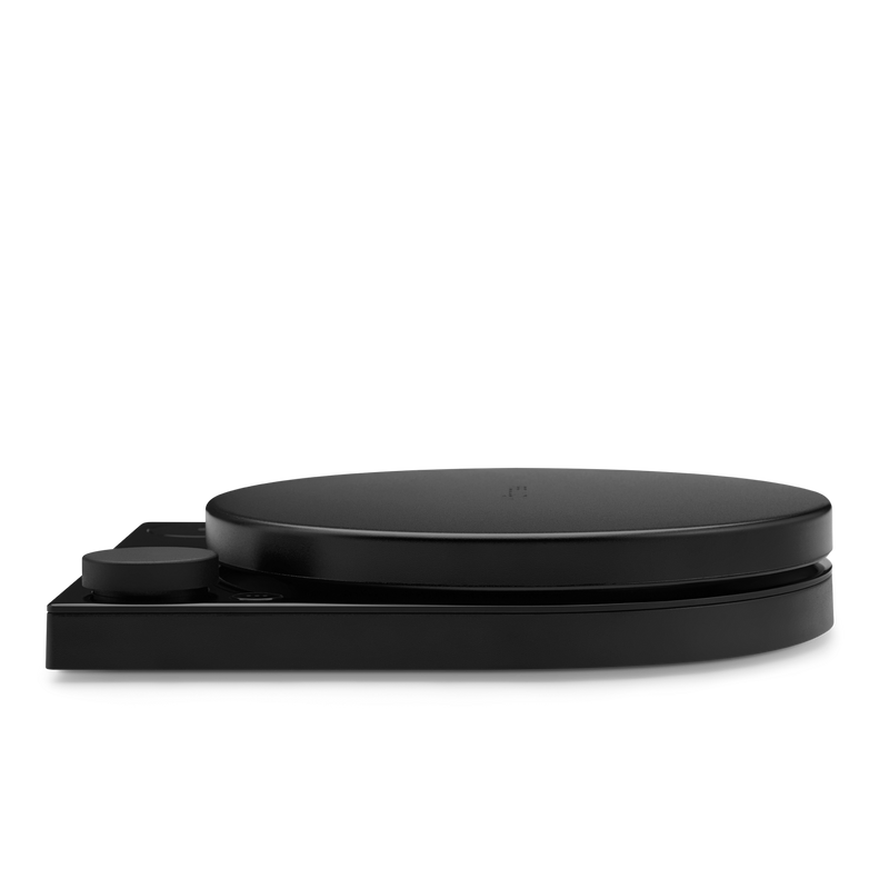 FELLOW | Tally Pro Precision Scale Studio Edition, Black on a rotating display, showcasing its sleek design and OLED display for precise brewing in kitchen setups.