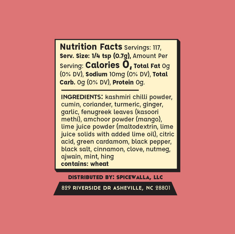 Spicewalla | Tandoori Masala nutrition facts and ingredients list, featuring 117 servings, 0 calories, and ingredients like Kashmiri chili, cumin, and turmeric. Contains wheat.