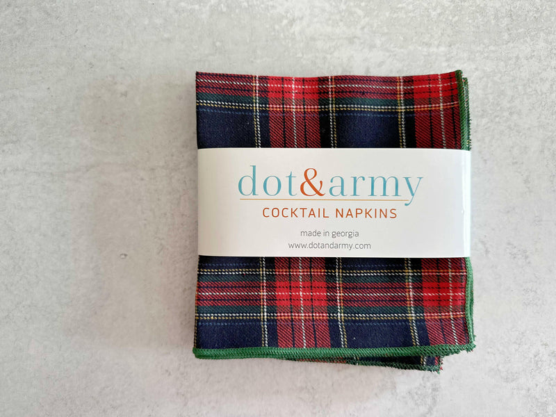Dot and Army | Tartan Cloth Napkins | Set of four - Cocktail, showcasing close-up fabric detail, highlighting the elegant tartan pattern, ideal for holiday dining and gifting.