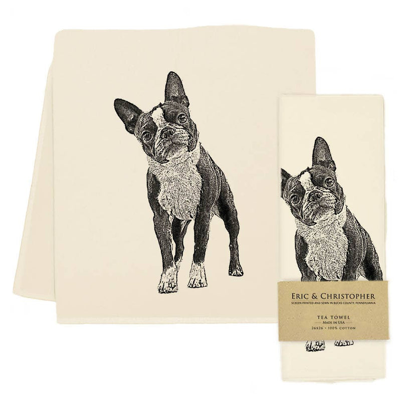 Eric and Christopher tea towel featuring a Boston Terrier design, crafted in a historic factory, combining elegance and practicality for kitchen use.