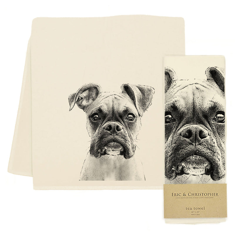 Eric and Christopher tea towel featuring a boxer design, crafted from sustainable cotton, ideal for kitchen use, combining elegance and functionality.