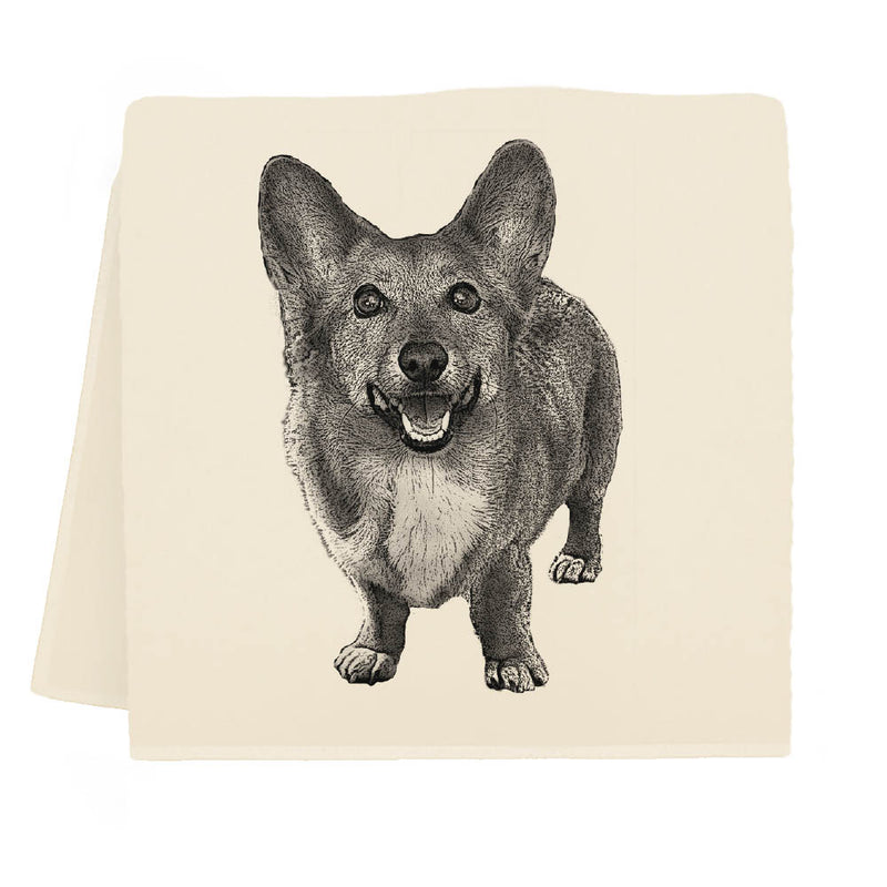 Eric and Christopher Corgi tea towel, crafted from sustainable cotton in a historic Bucks County factory, ideal for elegant and functional kitchen use.