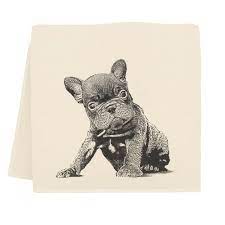 Eric and Christopher tea towel featuring a French Bulldog design, crafted from sustainable cotton for elegance and functionality, ideal for any kitchen setting.