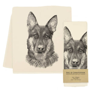 Eric and Christopher tea towel featuring a German Shepherd design, crafted from sustainable cotton in Bucks County, perfect for adding elegance and functionality to any kitchen.