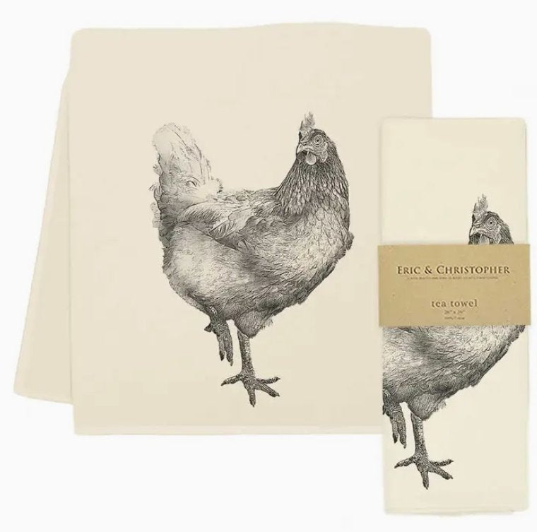 Eric and Christopher Hen 2 tea towel, crafted in a historic factory, offers elegance and functionality for any kitchen. Ideal for drying dishes or wiping spills.