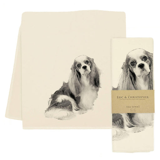 Eric and Christopher King Charles Cavalier tea towel, crafted from sustainable cotton at a historic Bucks County factory, ideal for elegant kitchen use.