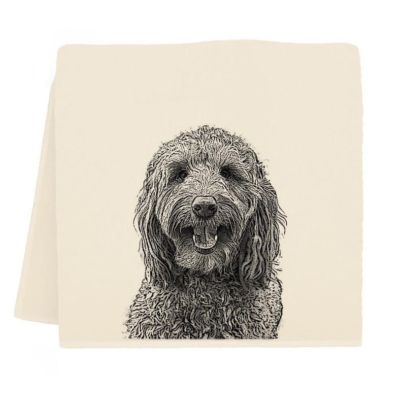 Eric and Christopher | Tea Towels - Labradoodle: Sustainable cotton flour sack towel, crafted in a historic factory, combines elegance and utility for kitchen use.