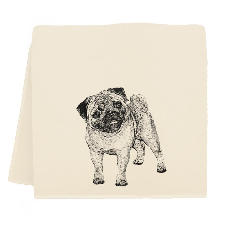 Eric and Christopher Tea Towels - Pug design, featuring a charming pug illustration on a sustainable cotton towel, crafted for elegance and functionality, perfect for any kitchen.